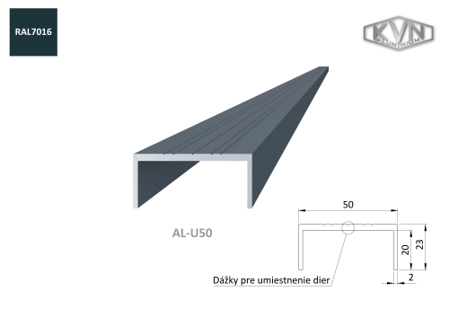 U profil 50x22x6000 mm, materiál EN AW-6060 T66, hliník s povrchovou úpravou antracit RAL7016, cena za KUS